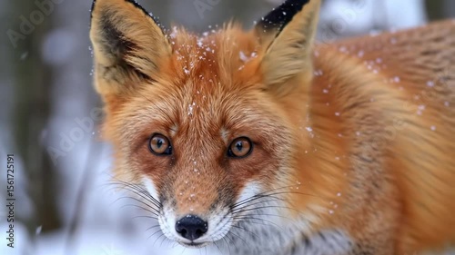 Red Fox Encounter in Winter Wonderland Detailed Close-Up Captivating Wildlife Moment