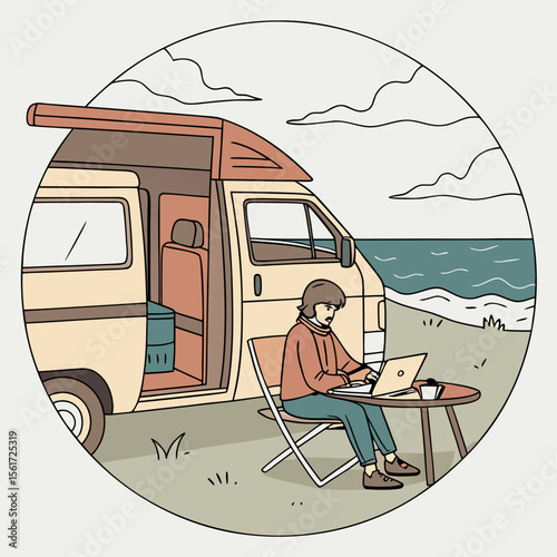 A person working on a laptop next to a camper van by the sea on a cloudy day in a circular illustration