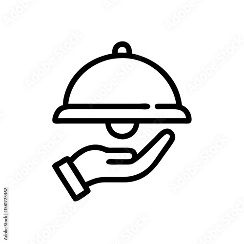 Outline drawing of a hand holding a covered food dish or platter for serving a meal elegantly displayed