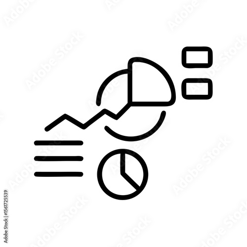 Line art illustration showing business data with pie charts and line graph elements for presentation visuals
