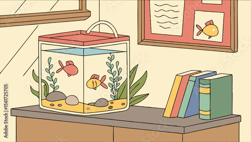 A desk with a fish tank containing two fish, plants, rocks, and books, with a bulletin board above it