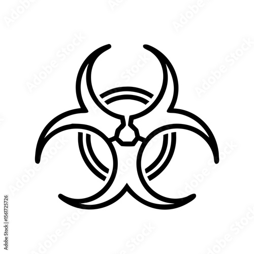 Outlined biohazard symbol with curved lines and circular background elements in black and white design
