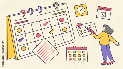 A woman scheduling tasks on a calendar with clock and checklist in a planning themed illustration