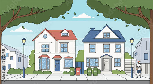 Charming suburban street scene with two detached houses and leafy trees on a bright sunny day with light wind blowing leaves
