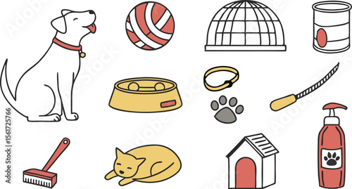 Adorable pet care themed graphic set, featuring animals and accessories for design projects, great for layouts or pet-related marketing.