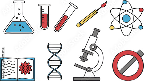 Engaging science elements graphic presents a beaker, microscope, dna, brush, tubes and stop sign with vibrant colors and a modern design.