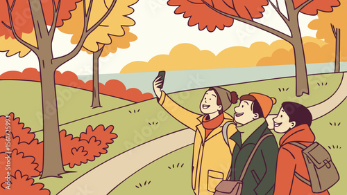 Group of friends taking a selfie in an autumn park with trees and a winding path on a sunny day landscape