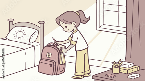 A girl packing her school bag with books in her bedroom near a bed and a desk with school supplies