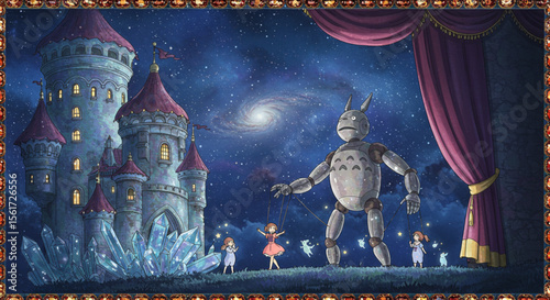 Fantasy Castle Puppet Show A Dreamy Stage Setting with Mystical Elements and Delicate Characters
