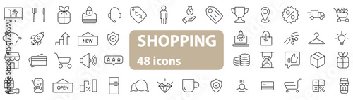 A complete set of 48 hand-crafted icons in halftone collage style, representing key concepts in shopping and e-commerce. Includes price tag, credit card, gift box, percent symbol, mobile screen, coins