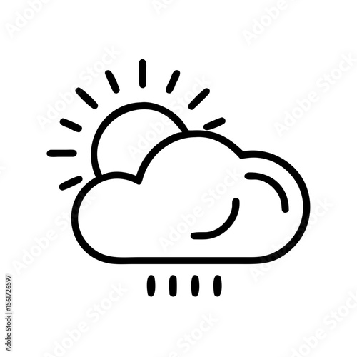 Outline illustration of a sun partially covered by a cloud with raindrops falling down below it shown