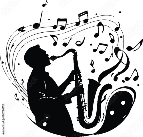 Jazz Silhouette Illustration Featuring Saxophonist and Flowing Musical Notes in Expressive Vector Design