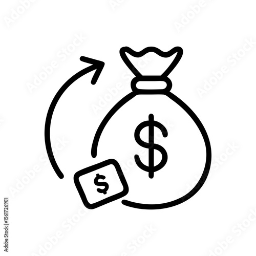 Illustration of a money bag with dollar sign and a return arrow indicating financial transaction flow