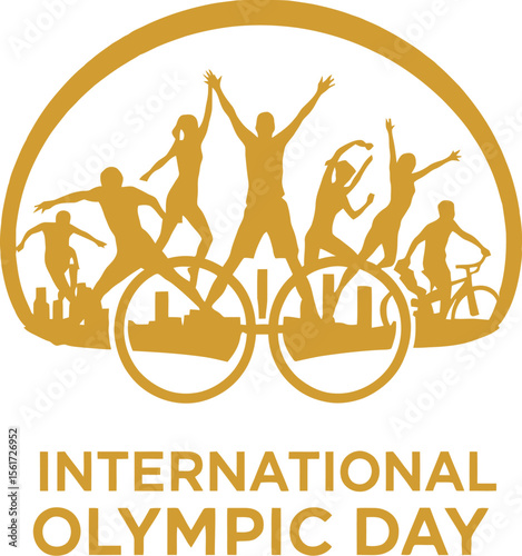 Olympic Day Celebration Emblem Featuring Athlete Silhouettes and Global Cityscape in Golden Vector Style