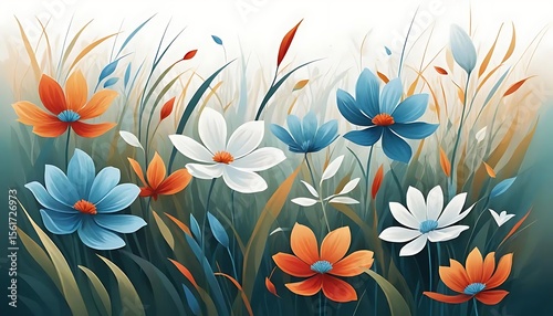 Vibrant digital illustration of red, blue, and white wildflowers with abstract leaves. Perfect for nature backgrounds, spring themes, or decorative floral art.