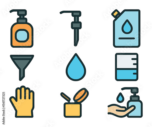 Soap Dispenser Icons. Flat icon set of refilling soap dispenser: liquid soap bottle, pump dispenser, refill