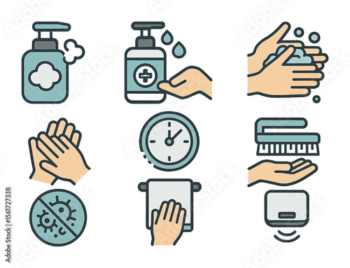 Hand Hygiene Icons. Flat icon set of hand hygiene: foaming soap, sanitizer bottle, washing hands, drying hands