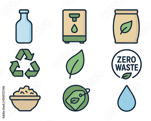 Eco-Friendly Icon Set. Flat icon set of eco-friendly refills: glass bottle, refill station, biodegradable