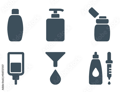 Liquid Container Icons. Flat icon set of liquid container icons: shampoo bottle, pump top, cap open, fill line