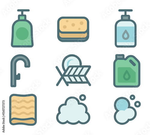 Modern Kitchen Icon Set. Flat icon set of kitchen soap stations: dish soap bottle, scrub sponge, hand soap