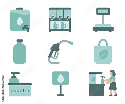 Refill Station Icon Grid. Flat icon set of refill station environments: bulk soap tank, self-serve station,