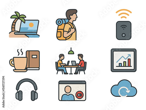 Digital Nomad Icons. Flat icon set of work from anywhere: laptop on beach, digital nomad with backpack, mobile
