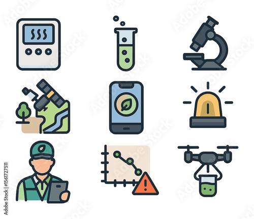 Pollution Monitoring Icons. Flat icon set of pollution monitoring tools: air quality sensor, test tube,