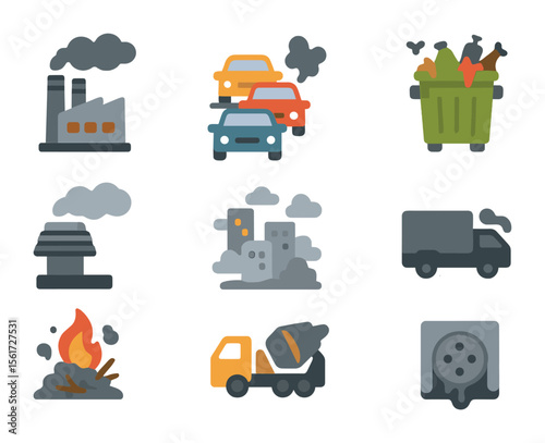 Urban Pollution Icons. Flat icon set of urban pollution sources: factory, traffic jam, garbage bin overflowing