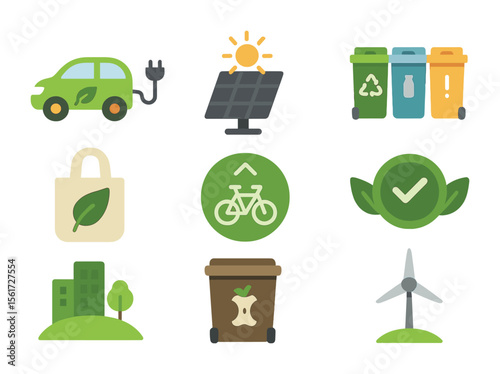 Pollution Prevention Icons. Flat icon set of pollution prevention: electric car, solar panel, waste