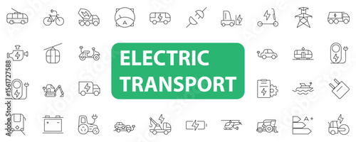 Collection of 48 minimalist icons representing electric transport modes and related technology. Includes electric cars, scooters, bikes, charging stations, and sustainable mobility concepts. Perfect f