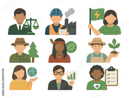 Environmental Career Icons. Flat icon set of environmental justice careers: environmental lawyer, pollution