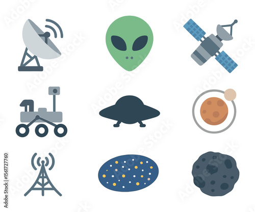 Extraterrestrial Icon Set. Flat icon set of the search for extraterrestrial life: radio telescope, alien head,