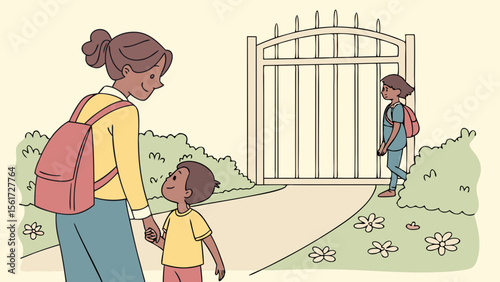 A mother and child walking towards a gate with another child already at the gate in a yard scene