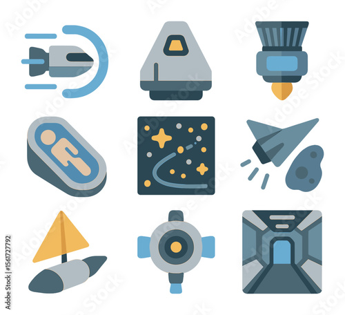Interstellar Travel Icons. Flat icon set of interstellar travel and exploration: warp drive, space capsule,