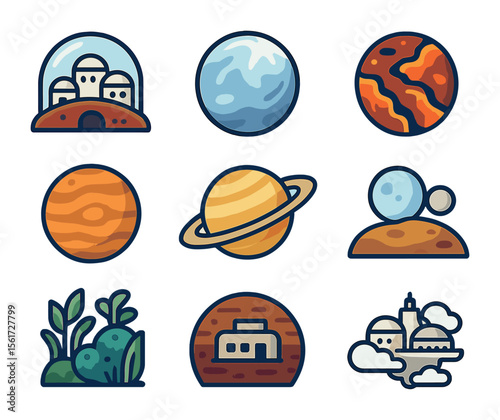 Space Habitats Icon Set. Flat icon set of space habitats and alien worlds: dome colony, icy planet, lava world
