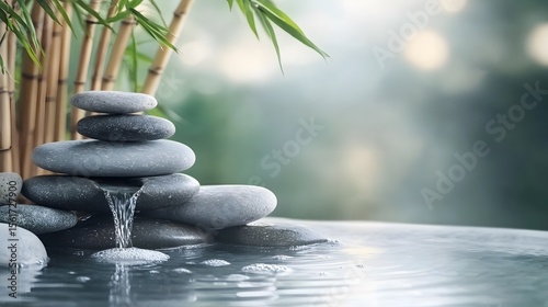 Serene Zen Garden,  Stacked Stones and Bamboo Water Feature