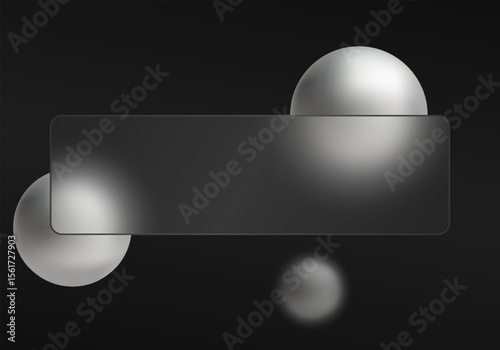 Elegant dark background with metallic silver spheres and transparent banner, modern abstract design for banners, UI and presentations.