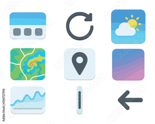 Weather App Icon Set. Flat icon set of weather app UI components: navigation tab, refresh spinner, forecast