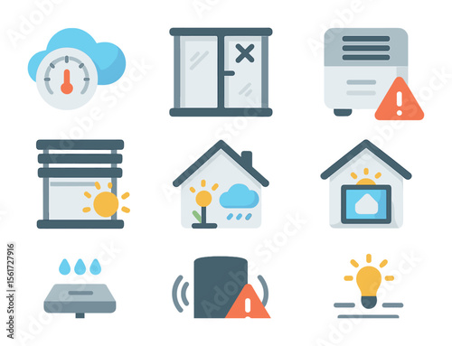 Smart Home Icons Grid. Flat icon set of smart home weather sync: thermostat with cloud, window auto-close icon