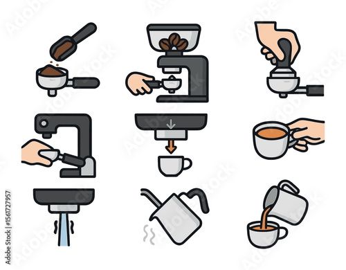 Espresso Process Icons. Flat icon set of espresso preparation steps: dosing coffee, grinding beans, tamping,