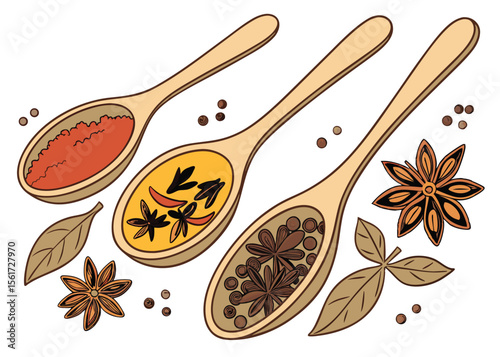 Wooden spoons filled with aromatic spices and herbs culinary ingredient concept vector illustration