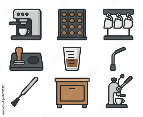 Home Espresso Icons. Flat icon set of home espresso setup: compact espresso machine, capsule holder, espresso