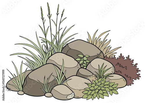 Rocks and grass garden landscaping design element for nature scenes vector illustration