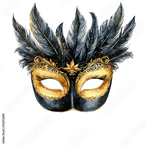 Ornate black and gold masquerade mask with feathers and details  