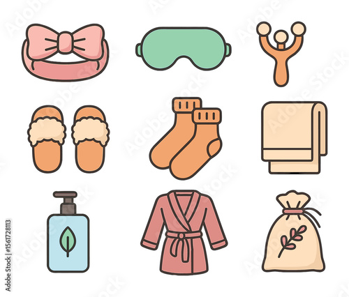 Pampering Essentials Icons. Flat icon set of pampering accessories: spa headband, eye mask, massage tool,