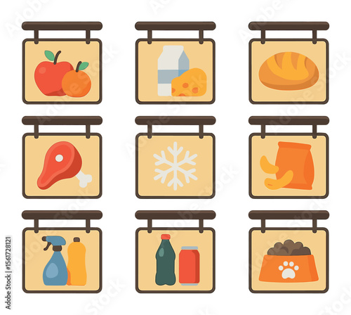 Grocery Aisle Icons. Flat icon set of grocery aisle signage: fruits sign, dairy sign, bakery sign, meat