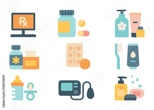 Pharmacy Aisle Icons. Flat icon set of pharmacy aisle indicators: prescription desk sign, vitamins sign,