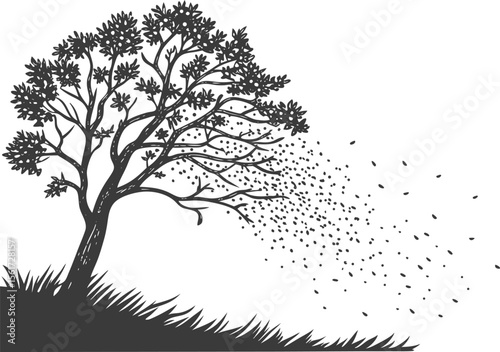 Windy tree with falling leaves in monochrome, nature landscape, autumn season vector illustration