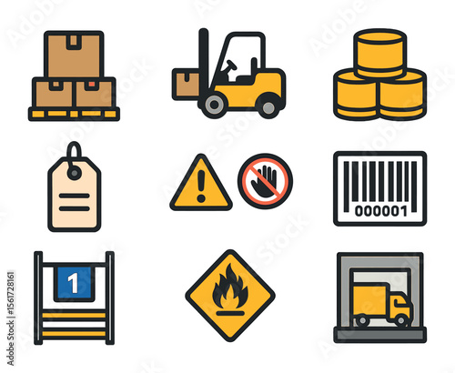 Warehouse Icon Set. Flat icon set of warehouse aisle markers: pallet storage label, forklift icon, bulk