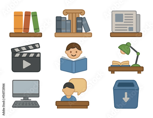 Library Section Icons. Flat icon set of library aisle categories: fiction sign, reference section, periodicals